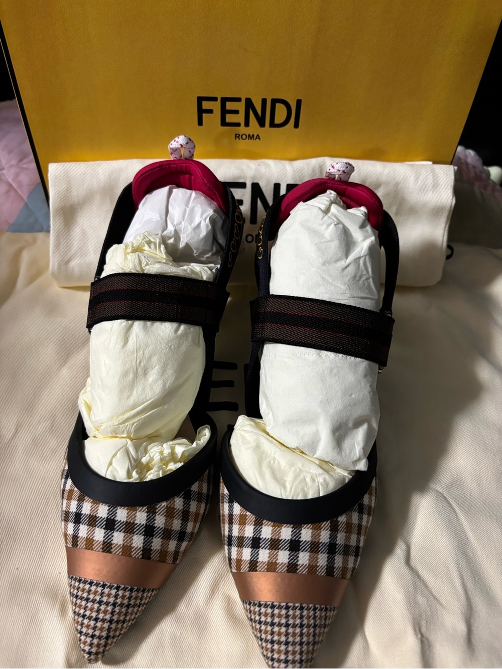 Fendi Brown Check Pointed-Toe Heels with Pink Lining